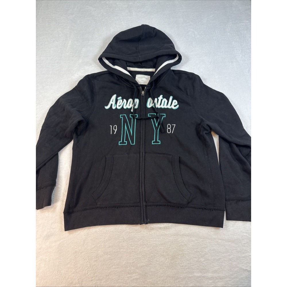 Vintage Aeropostale Hoodie Womens XXL Black Zip Up NY 1987 Graphic Fleece